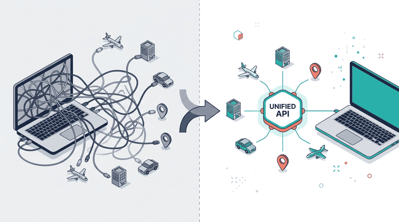 A unified travel API consolidating multiple supplier integrations into one clean connection — flights, hotels, car rentals, and activities