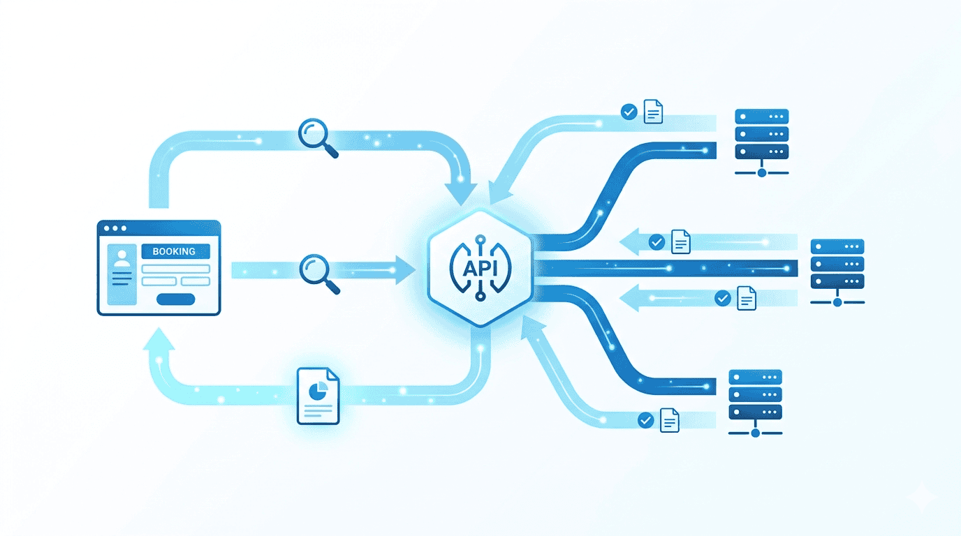 Step by step process showing how a travel API aggregator works — from request to unified supplier results