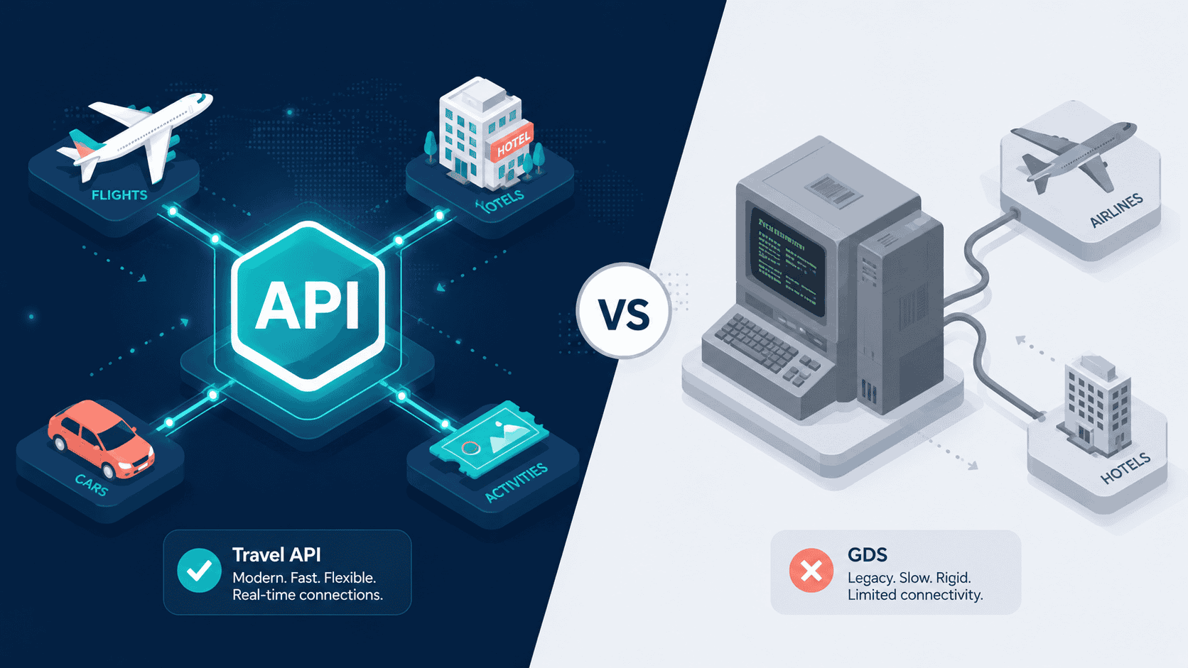 Travel API vs GDS comparison — a modern travel API on one side and a traditional GDS terminal on the other, connected to flight and hotel symbols