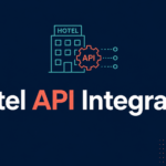 Hotel API integration banner connecting a travel platform to live hotel rooms and prices