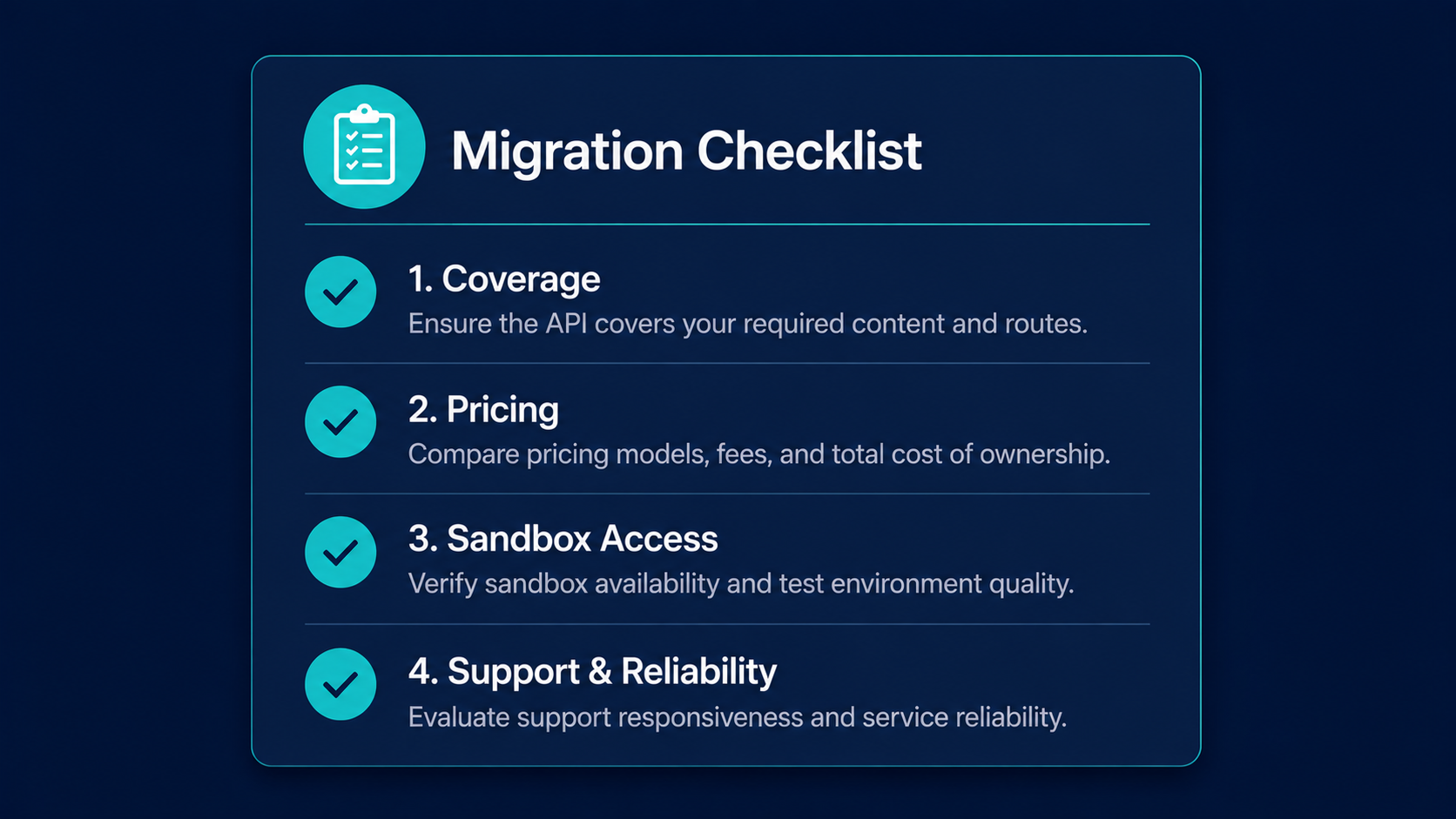 Migration checklist: coverage, pricing, sandbox, and support