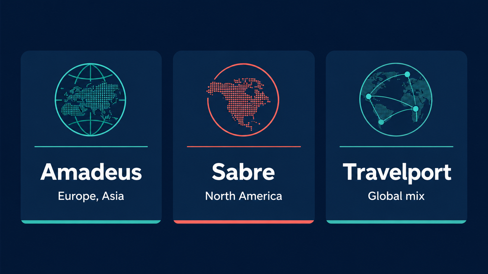 Three big GDS systems: Amadeus in Europe and Asia, Sabre in North America, Travelport global mix